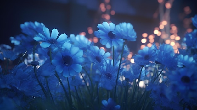 Una flor azul frente a una casa iluminada