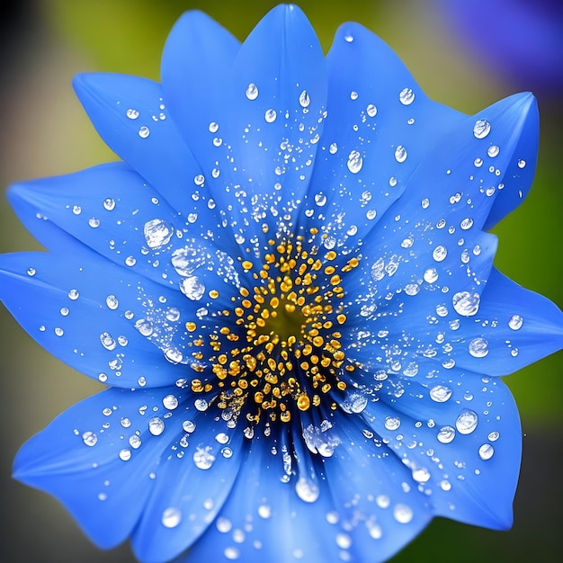 Una flor azul con gotas de agua en un fondo oscuro Ai arte