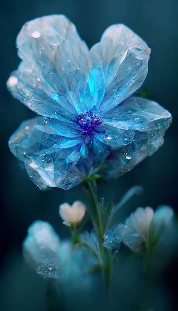 Flor azul con gotas de agua sobre ella generativa ai