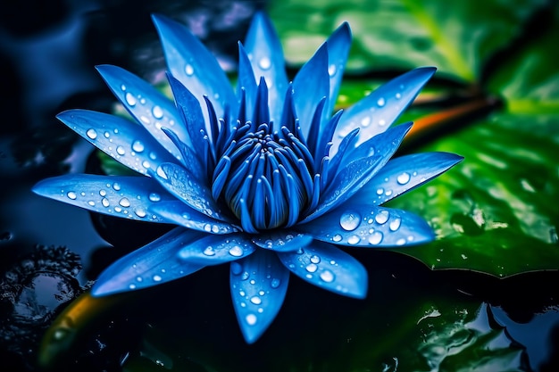 Flor azul con gotas de agua en sus pétalos y hojas IA generativa