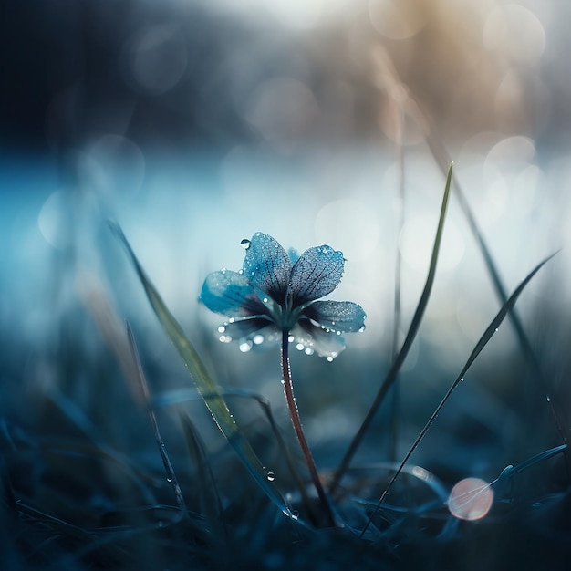 Una flor azul con gotas de agua