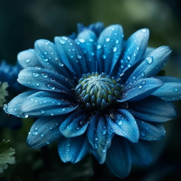 Una flor azul con gotas de agua