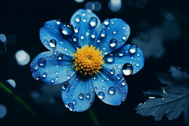 flor azul en gotas de agua