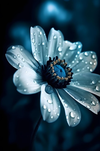 Una flor azul con gotas de agua