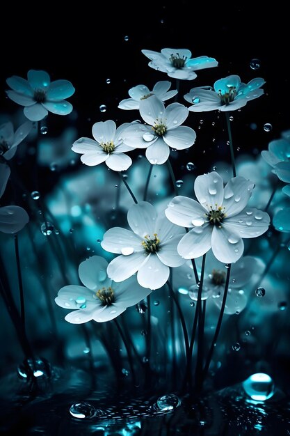 Una flor azul con gotas de agua