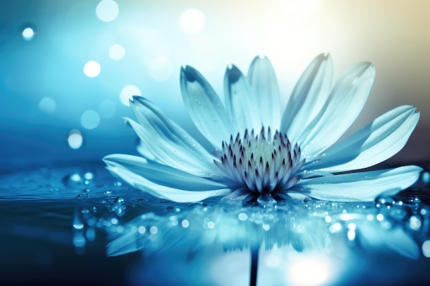 Una flor azul con gotas de agua