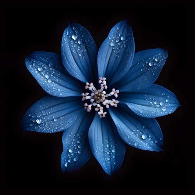 Una flor azul con gotas de agua