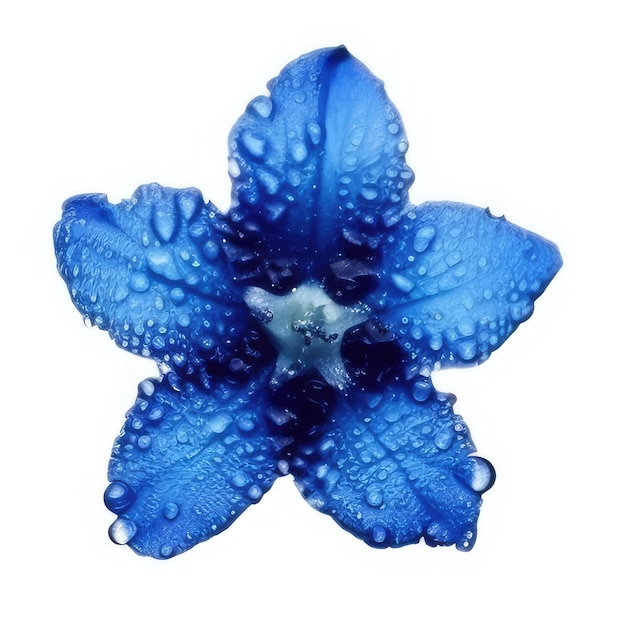 Una flor azul con gotas de agua.