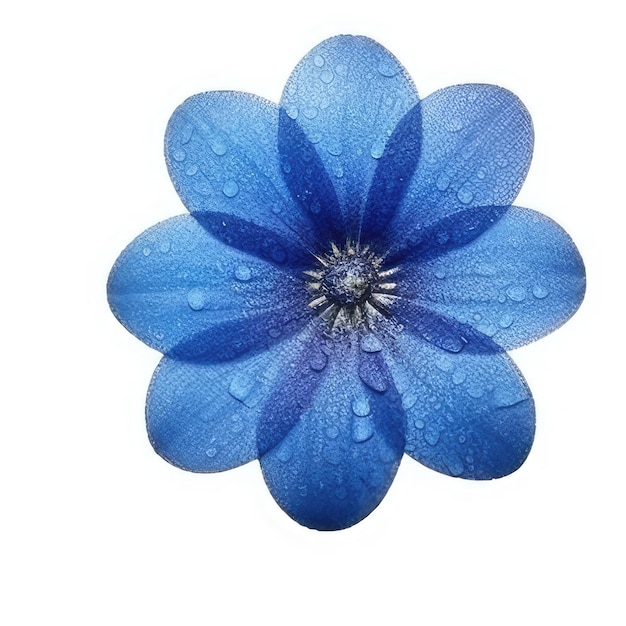 Una flor azul con gotas de agua.