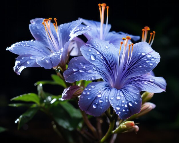 Una flor azul con gotas de agua