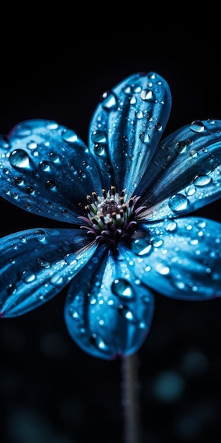 Una flor azul con gotas de agua