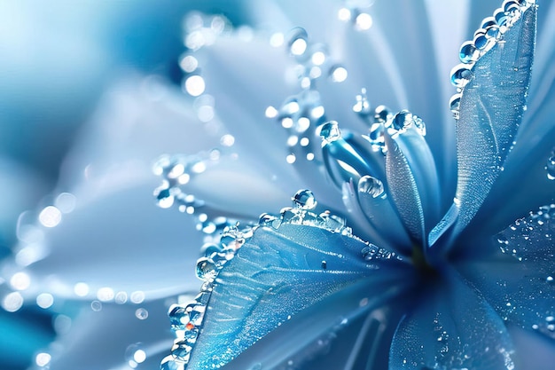 una flor azul con gotas de agua