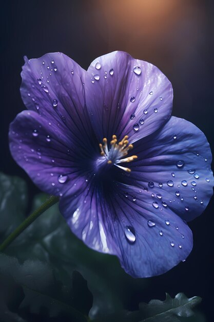 Una flor azul con gotas de lluvia