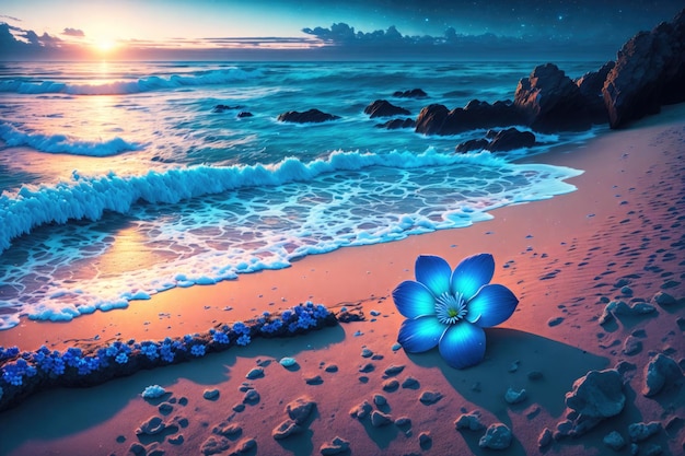 una flor azul una playa de arena junto al océano por la noche