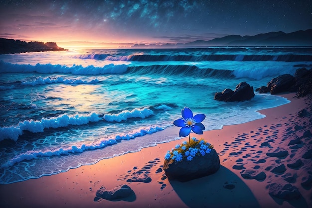 una flor azul una playa de arena junto al océano por la noche