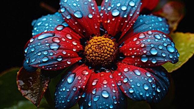 Foto una flor azul y roja con gotas de agua en ella