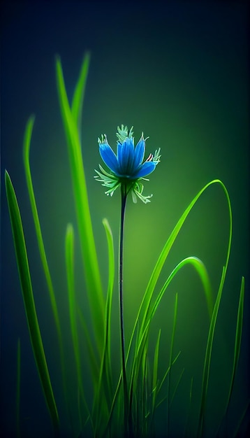 Flor azul sentada em cima de um exuberante campo verde generativo ai