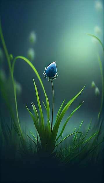 Flor azul sentada em cima de um exuberante campo verde generativo ai