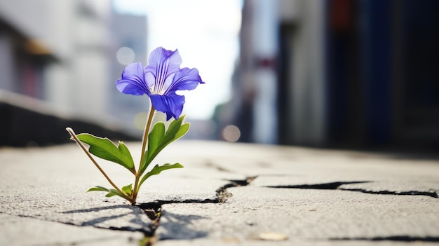 Una flor azul solitaria crece de una grieta en el camino de asfalto Fondo neutro borroso Lugar para el texto