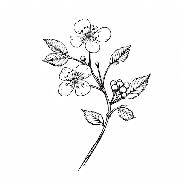 Una flor con bayas se dibuja sobre un fondo blanco.