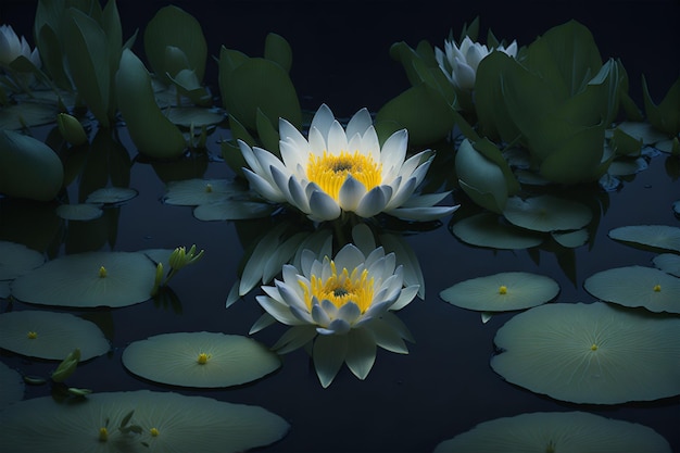 Una flor blanca y amarilla se refleja en un estanque.