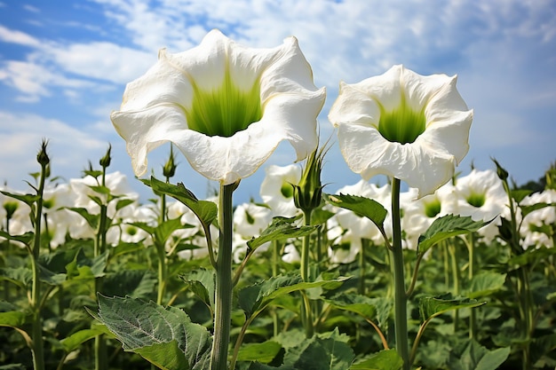 Flor blanca en el campo con cielo azul y fondo de nubes blancas