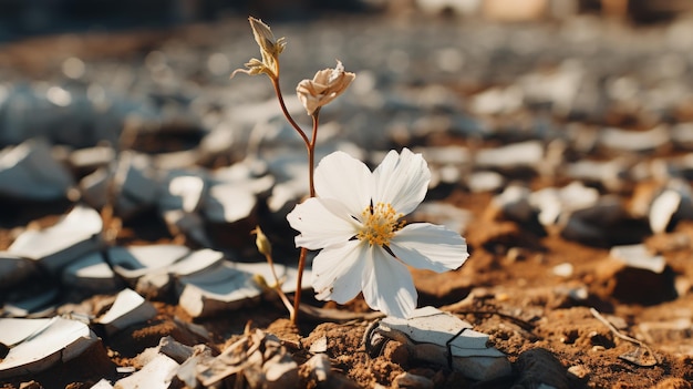 La flor blanca en el campo de tierra