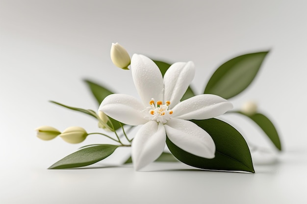 Una flor blanca con capullos de naranja