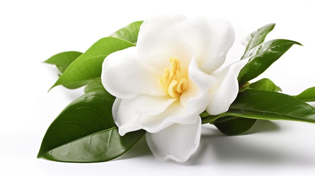 Una flor blanca con un centro amarillo se encuentra sobre una superficie blanca.