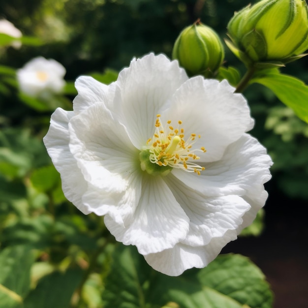 Una flor blanca con un centro amarillo florece al sol.