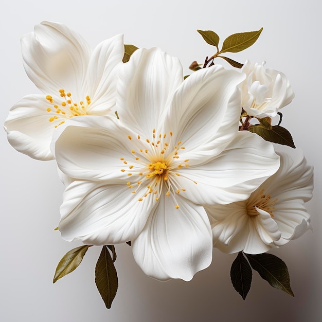 La flor blanca con el centro amarillo se muestra en color blanco sobre un fondo blanco