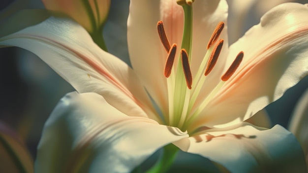 Una flor blanca con un centro azul y estambres rojos.