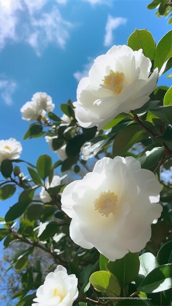 Una flor blanca con un cielo azul detrás