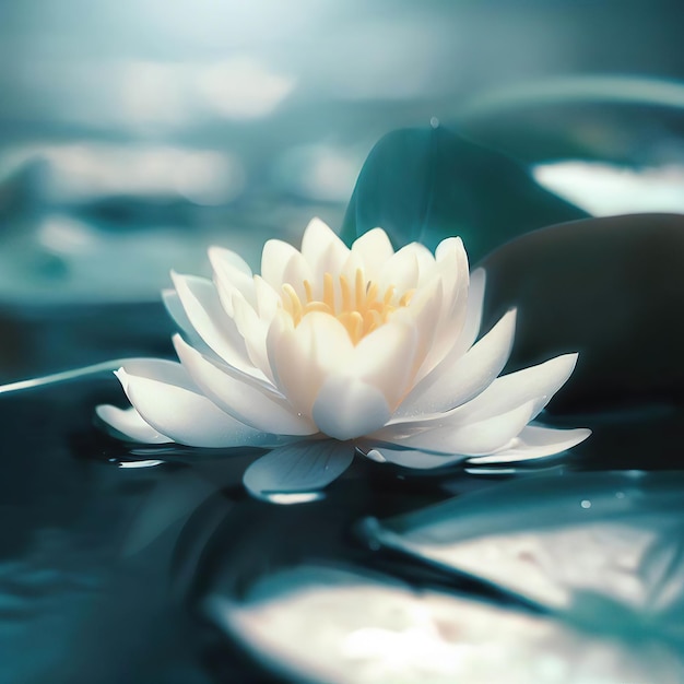 Una flor blanca está en el agua con una hoja verde.