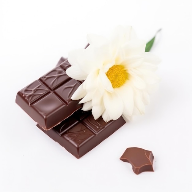 Una flor blanca está al lado de una barra de chocolate.