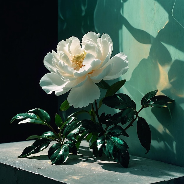 una flor blanca está frente a una pared verde