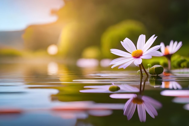 Una flor blanca flota en el agua con el sol brillando sobre ella.