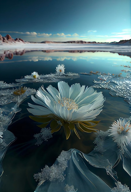 Flor blanca flotando sobre un cuerpo de agua generativa ai