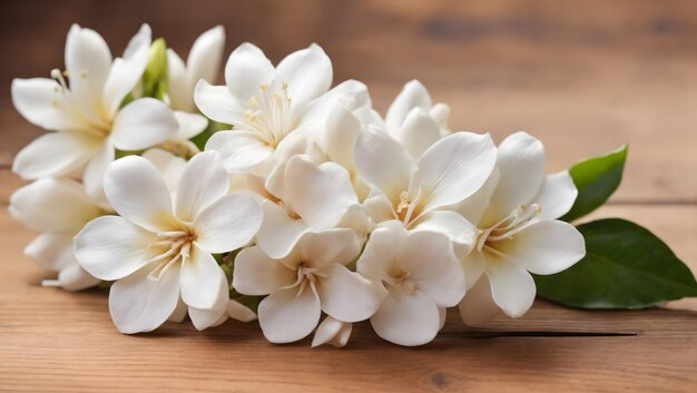 Flor blanca de frangipapi en una mesa de madera con espacio de copia para el fondo
