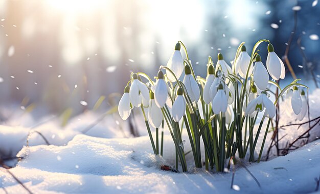 La flor blanca de la gota de nieve fresca Galanthus en un paisaje nevado