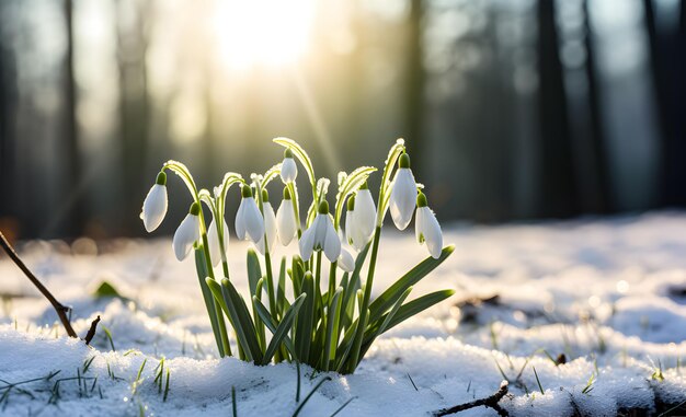 Foto la flor blanca de la gota de nieve fresca galanthus en un paisaje nevado