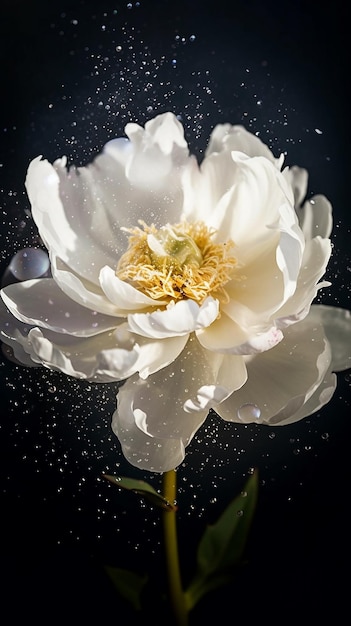 Una flor blanca con gotas de agua flotando sobre ella