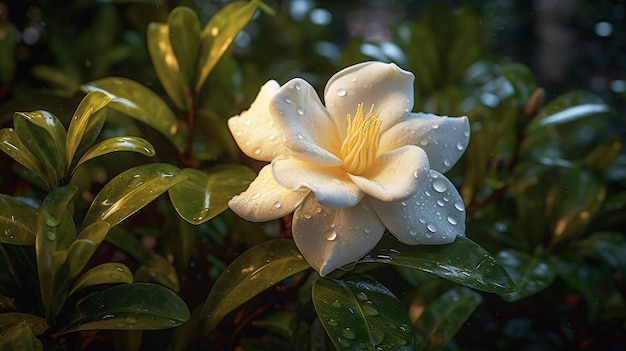 Una flor blanca con gotas de agua sobre ella