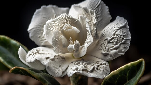 Una flor blanca con una hoja