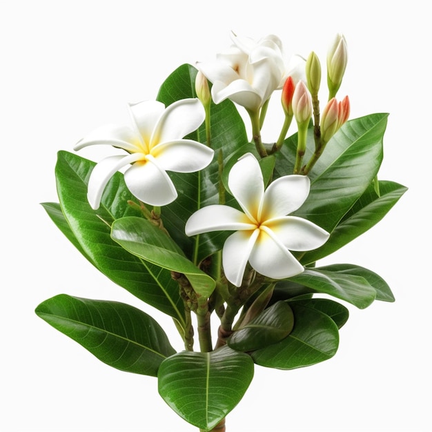 Una flor blanca con hojas amarillas y verdes está sobre un fondo blanco.