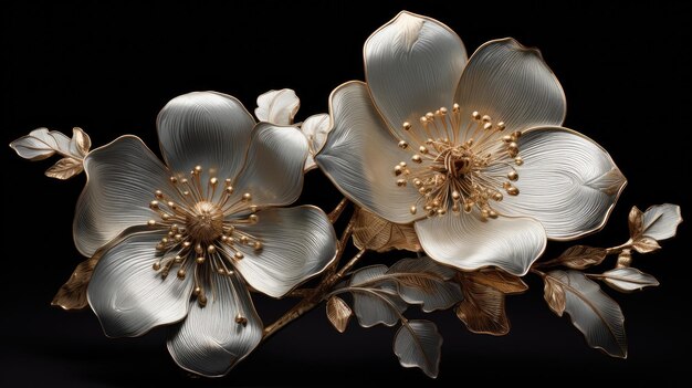 una flor blanca con hojas de oro y un fondo negro