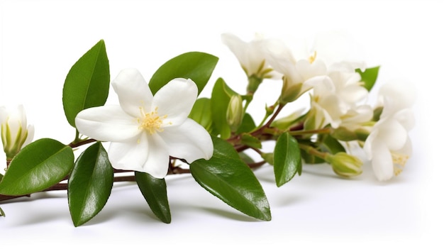 Una flor blanca con hojas verdes sobre un fondo blanco.