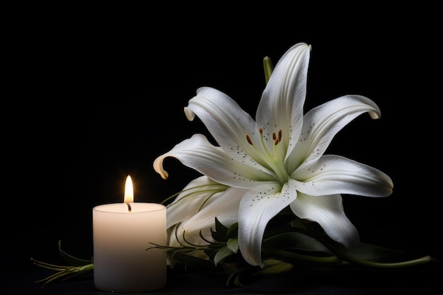 una flor blanca junto a una vela