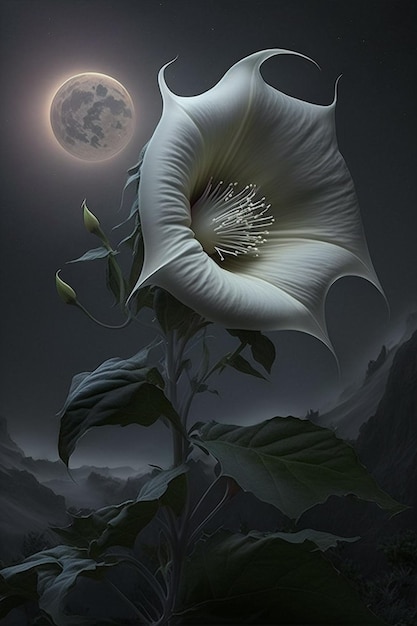 Una flor blanca con la luna de fondo