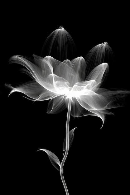 Flor blanca minimalista abstracta con detalles transparentes en estilo de rayos x sobre fondo negro